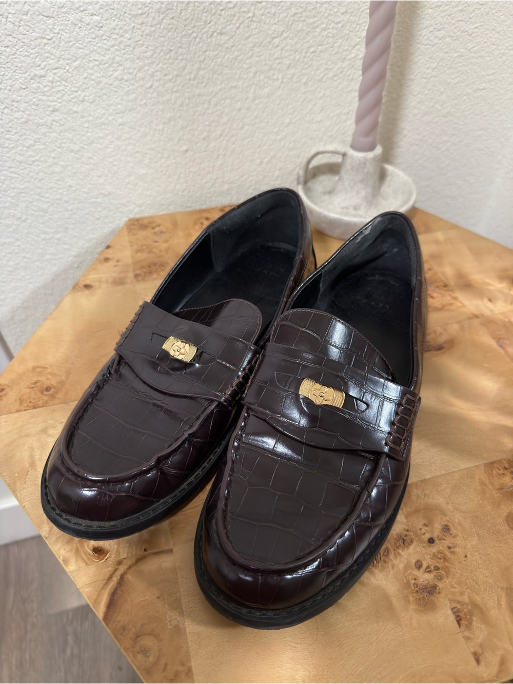 a new day Women's Croc-Embossed Penny Loafers in Dark Brown with Gold Accent